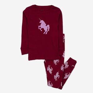 LEVERET -  Two Piece Cotton Pajamas Unicorn Maroon 8  Maroon